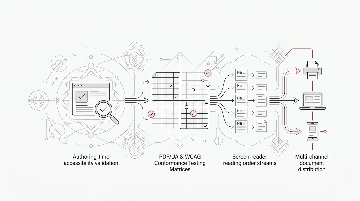 Accessible customer communications management (CCM) architecture showing authoring-time validation, PDF/UA and WCAG testing matrices, screen-reader reading order streams, and multichannel document distribution with subtle #e71e4c accents on pure white background.