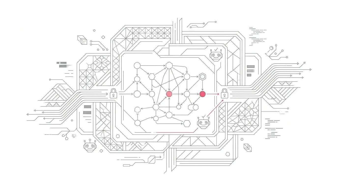 Minimalist vector line art of agentic AI data pipeline nodes, semantic context layers, data lineage graphs, and permission checkpoints with subtle red accents on pure white background.