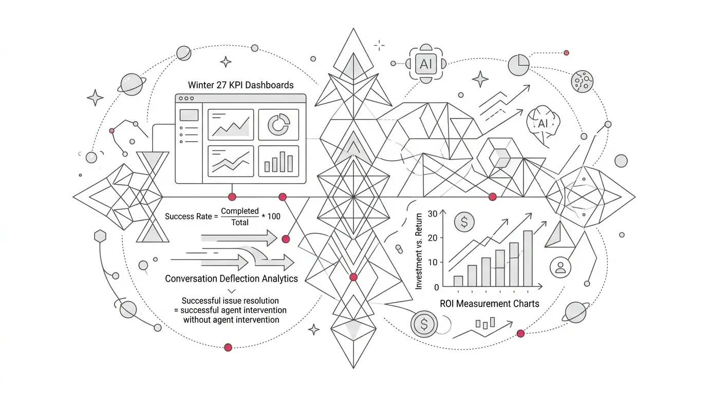 Salesforce Agentforce Observability metrics rebaselining showing Winter 27 KPI dashboards, success rate formulas, conversation deflection analytics, and ROI measurement charts with subtle #e71e4c accents on pure white background.