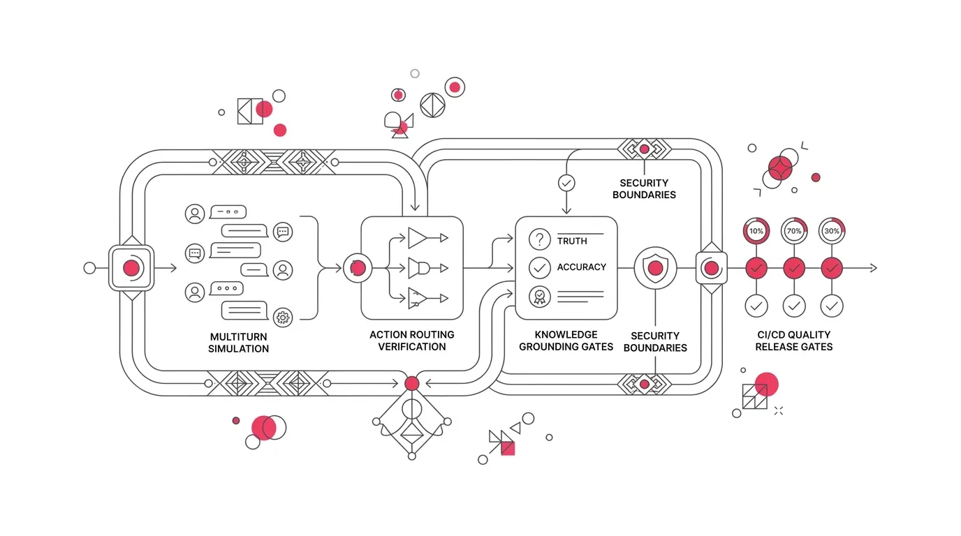 Agentforce workflow passing through seven production-readiness testing gates for data, actions, safety, performance, and regression.