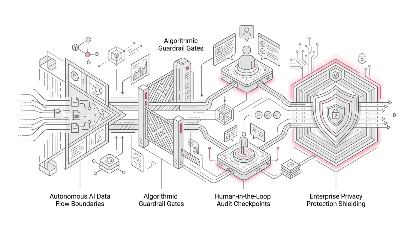 Agentic AI Data Protection Impact Assessment (DPIA) architecture showing 9 privacy questions, tool permission boundaries, personal data isolation, and regulatory compliance with subtle #e71e4c accents on pure white background.