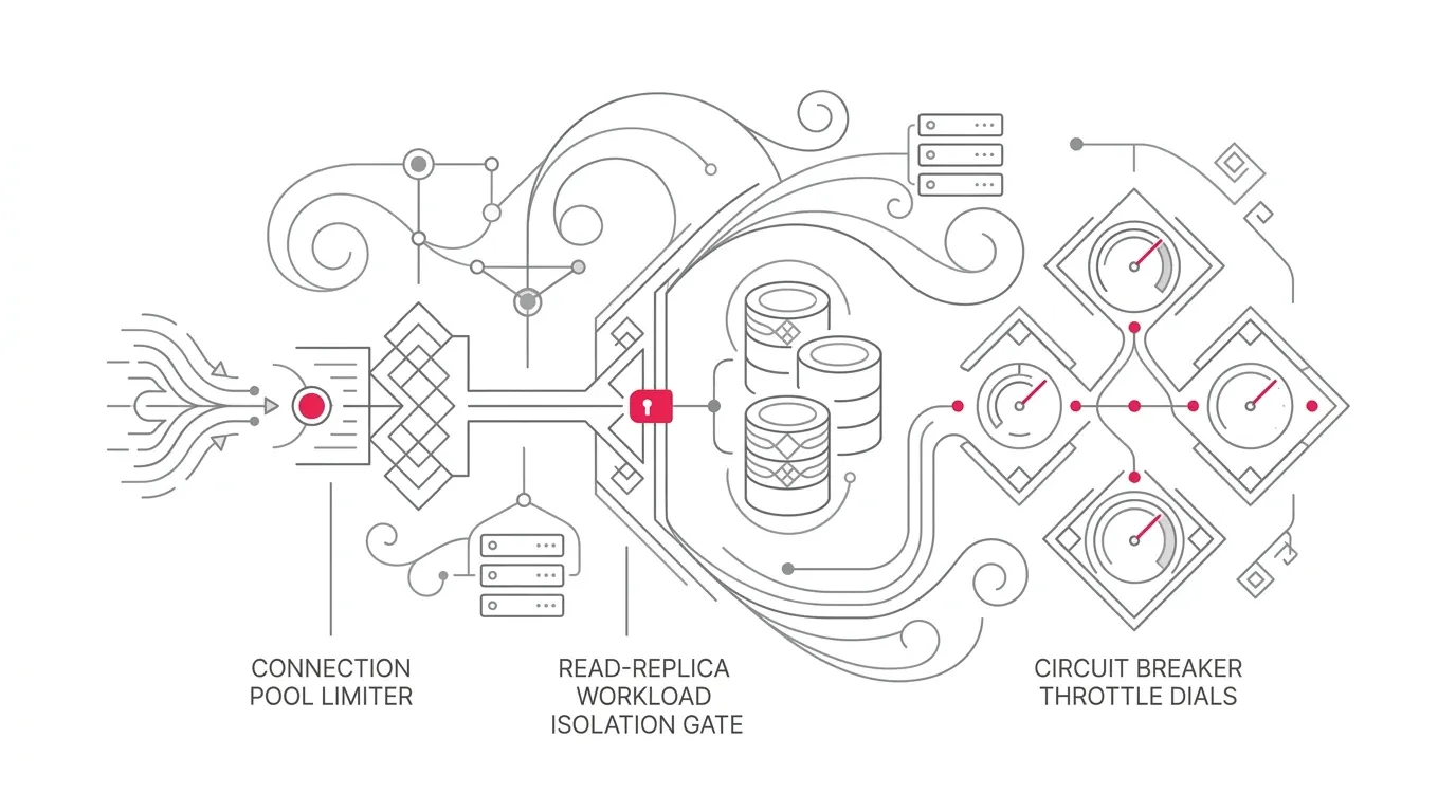 Mission-critical database protection architecture against autonomous AI agent query surges, showing connection pooling limiters, read-replica workload isolation gates, and circuit breaker throttle dials with subtle #e71e4c pink accents on pure white background.