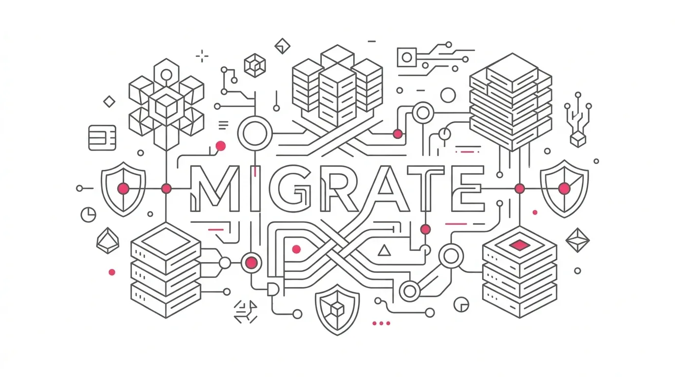 Minimalist vector line art of database schemas, data pipeline flow nodes, and eight validation security shield checkpoints with subtle red accents on pure white background.