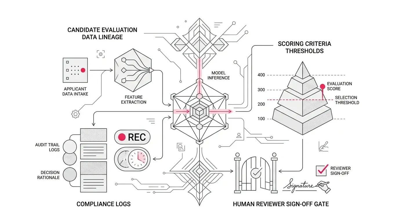 AI hiring audit trail and reconstructability framework showing candidate evaluation data lineage, scoring criteria thresholds, human reviewer sign-off gate, and compliance logs with subtle #e71e4c accents on pure white background.