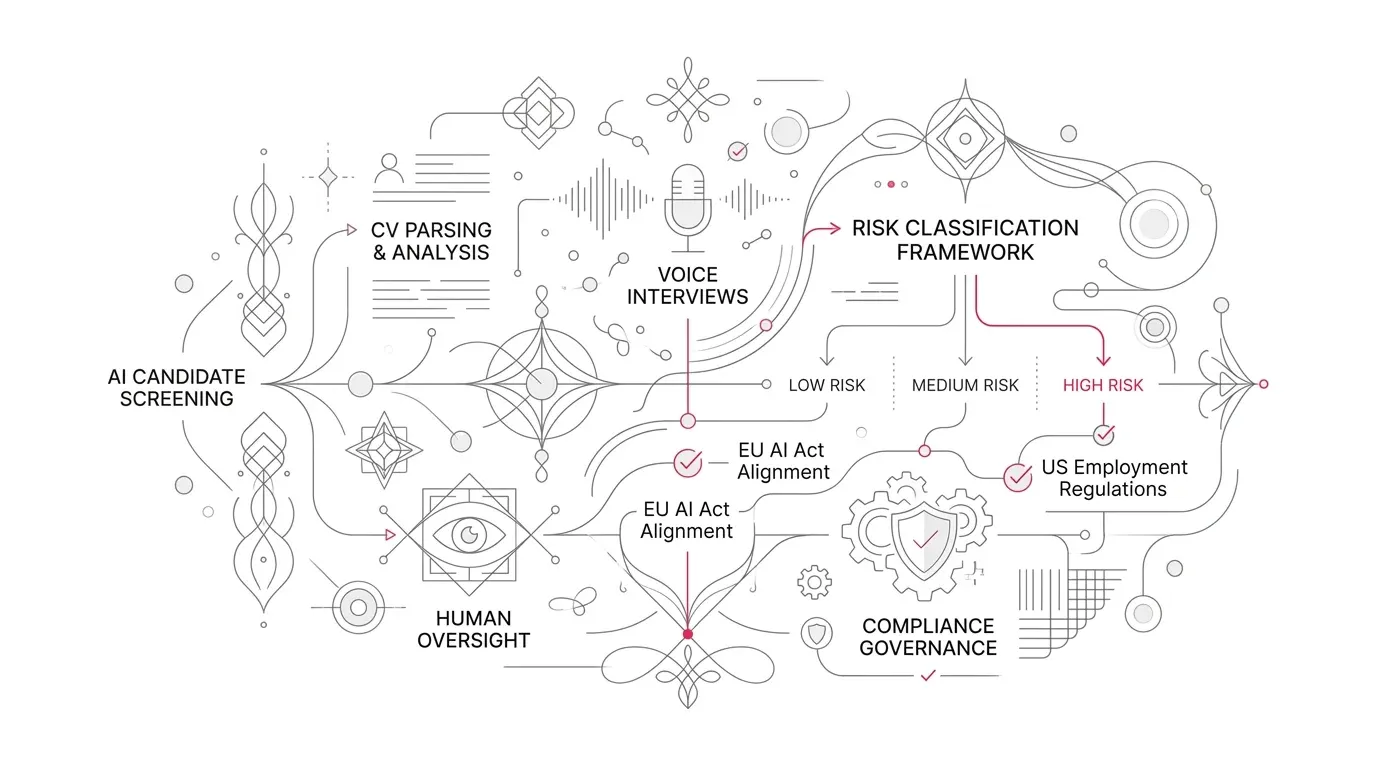 AI hiring risk classification framework mapping candidate screening, voice interviews, CV parsing, human oversight, and compliance governance across EU AI Act and US regulations.
