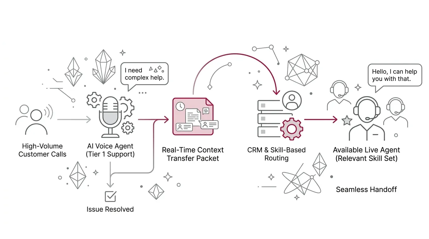 AI voice agent human escalation and seamless contextual handoff architecture in high-volume customer service.
