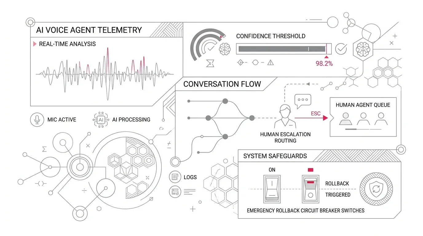 Telephony and AI conversational voice agent telemetry monitoring console with real-time waveform audio analysis, confidence threshold indicators, human escalation routing, and emergency rollback circuit breaker switches with subtle #e71e4c accents on pure white background.