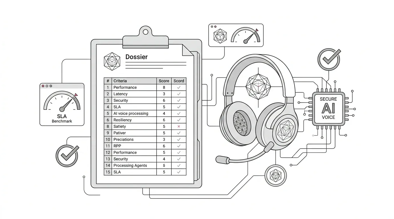 AI voice agent RFP procurement scorecard showing 15 enterprise requirements, latency thresholds, conversational guardrails, telephony integration, and security verification with subtle #e71e4c accents on pure white background.