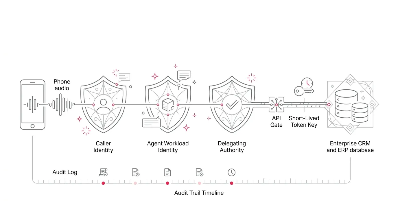 AI voice agent security architecture: telephone audio waveforms, caller and agent identity verification shields, delegating authority, API checkpoints, and audit trails.