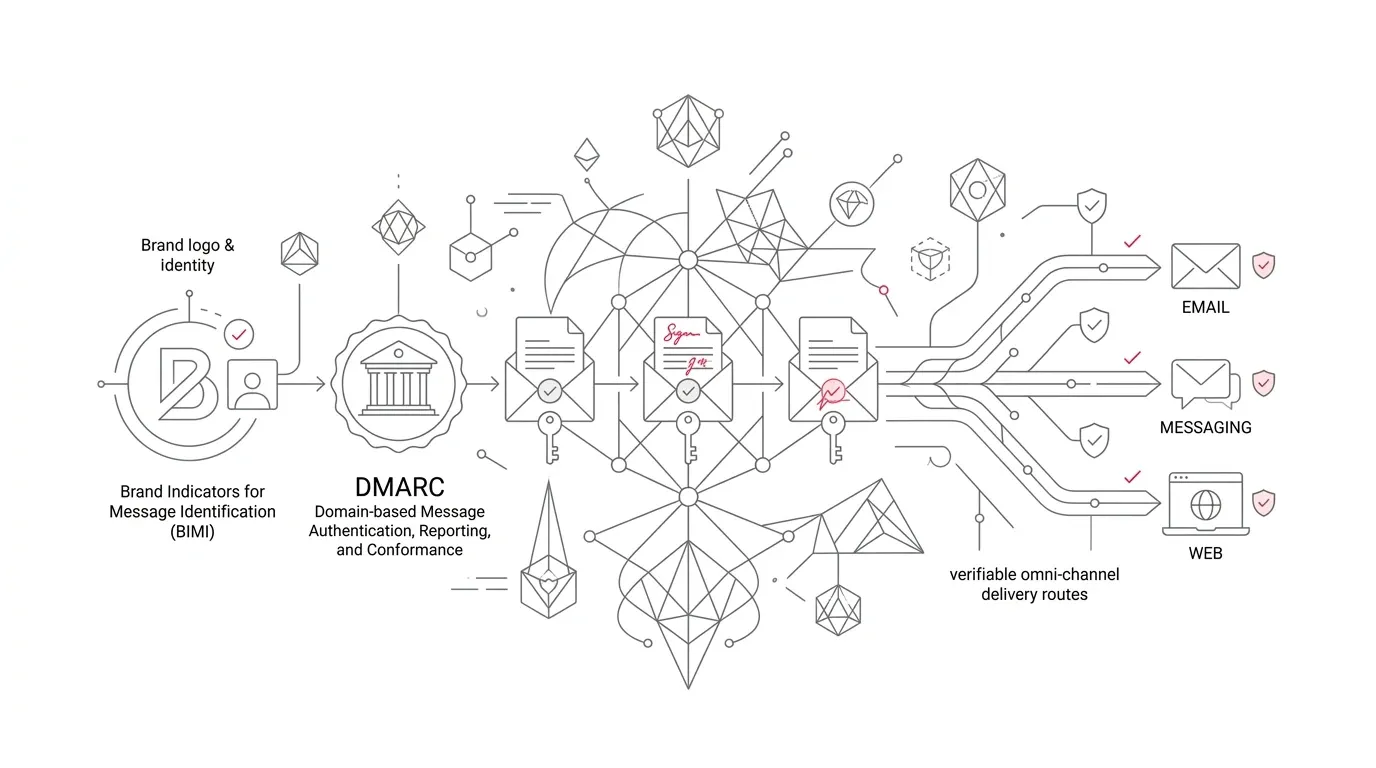 Cryptographic identity and trust verification chain for enterprise communications showing Brand Indicators for Message Identification (BIMI), DMARC validation, and verifiable digital document signatures with subtle #e71e4c accents on pure white background.
