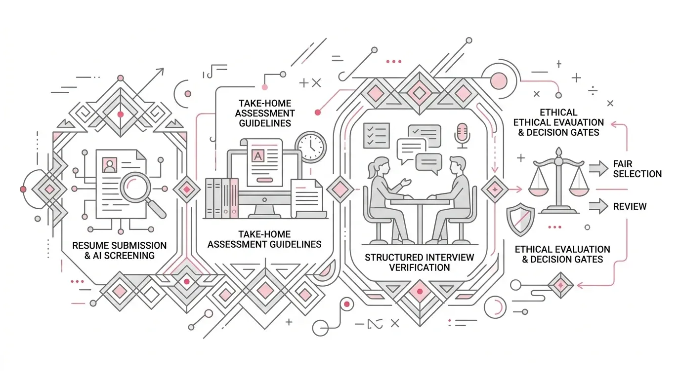 Candidate AI use policy framework showing 7-stage hiring assessment rules, disclosure protocols, candidate experience safeguards, and human-in-the-loop oversight with subtle #e71e4c accents on pure white background.