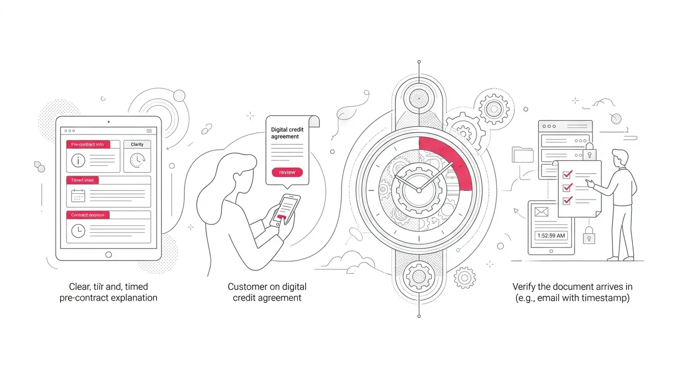 Consumer Credit Directive (CCD II) customer communications sequence showing timed pre-contract explanations, mobile credit agreement view, timeline clock countdown, and durable medium verification with subtle #e71e4c accents on pure white background.
