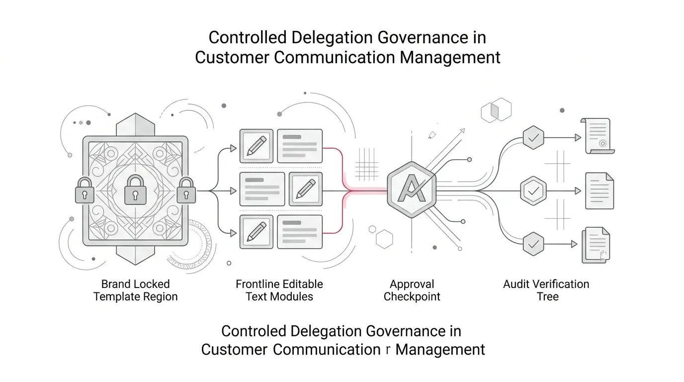 CCM governance delegation test matrix showing business authoring boundaries, multi-tier approval workflows, audit registers, and template change control with subtle #e71e4c accents on pure white background.