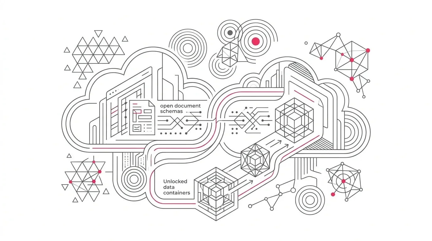 Enterprise software portability and reversibility framework under the EU Data Act, showing open document schemas, seamless bi-directional migration pathways, and unlocked data containers with subtle #e71e4c pink accents on pure white background.