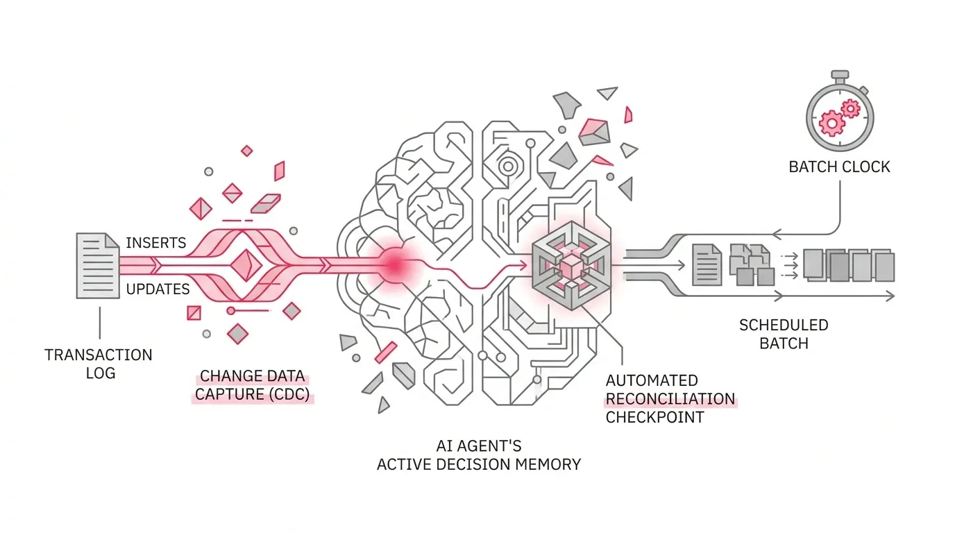 Change Data Capture (CDC) vs Batch architecture for AI agents showing database transaction log streaming into an AI agent's active decision memory with automated reconciliation checkpoints with subtle #e71e4c accents on pure white background.