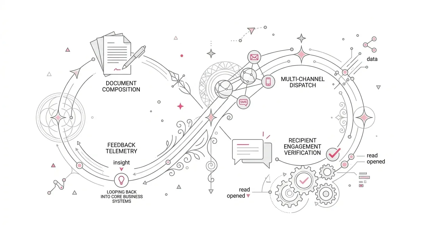Closed-loop customer communication architecture connecting document composition, multi-channel dispatch, recipient engagement verification, and feedback telemetry looping back into core business systems with subtle #e71e4c accents on pure white background.