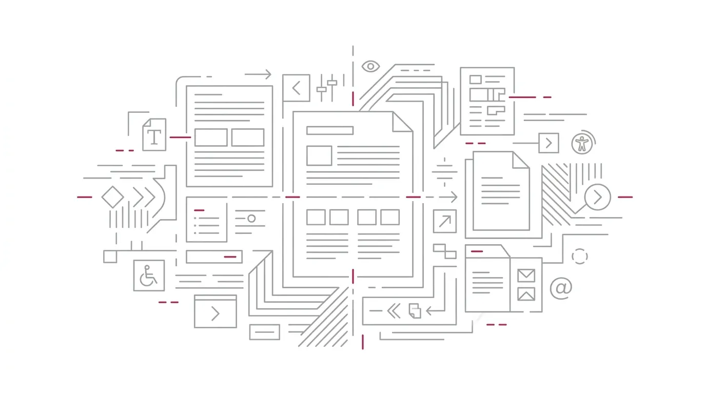 Cognitive accessibility design system for enterprise customer documents complying with European accessibility standards, showing simplified visual hierarchy layouts, plain-language text parsing guides, and clear iconographic navigation aids with subtle #e71e4c pink accents on pure white background.