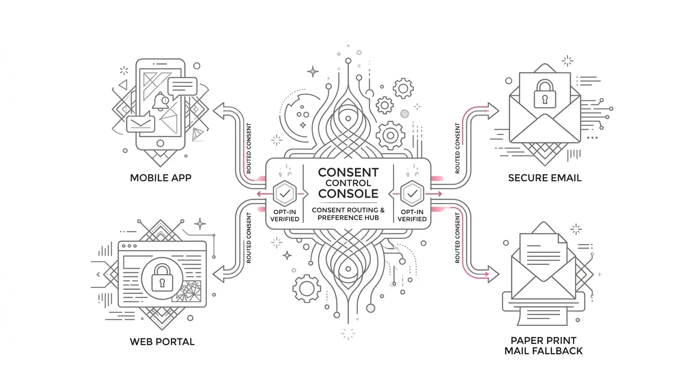 Customer communication preference management architecture showing real-time consent verification, fallback delivery channels, regulatory opt-out handling, and audit trails with subtle #e71e4c accents on pure white background.