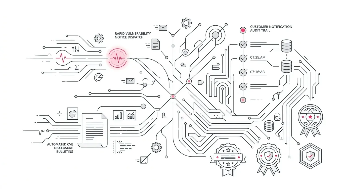 Cyber Resilience Act security advisory customer communication architecture showing automated vulnerability notifications, CSIRT reporting, targeted customer registers, and audit proof with subtle #e71e4c accents on pure white background.