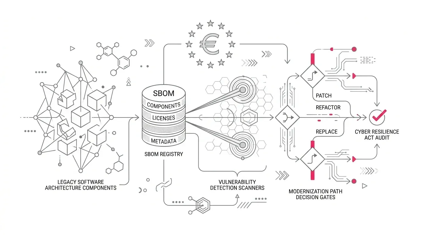European Cyber Resilience Act compliance audit showing legacy software architecture components, Software Bill of Materials registry, vulnerability detection scanners, and modernization path decision gates with subtle #e71e4c accents on pure white background.
