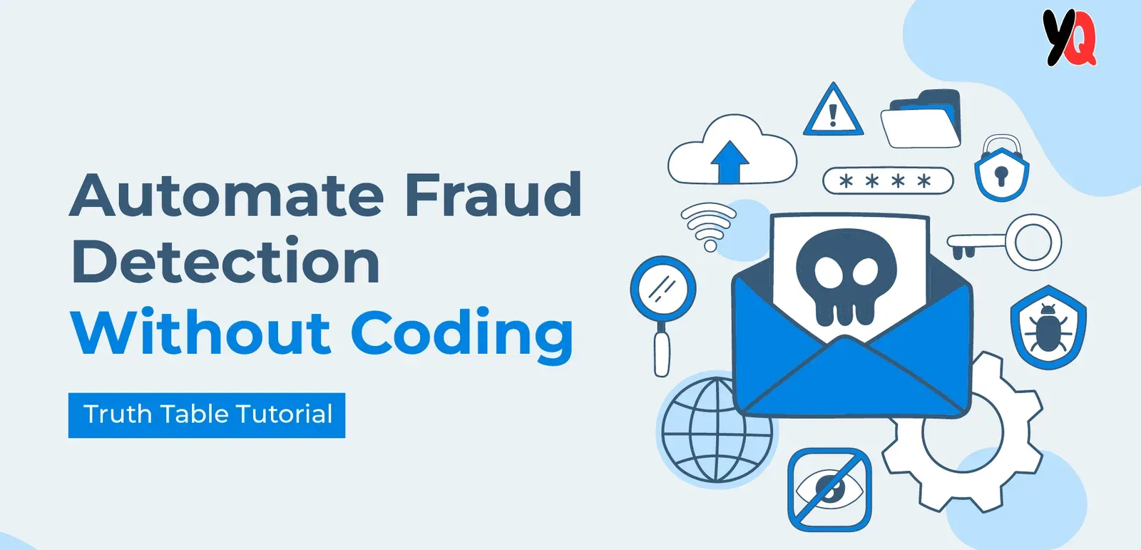 Banner reading "Automate Fraud Detection Without Coding" ringed by security icons — a skull-marked email, shield, padlock and gears.