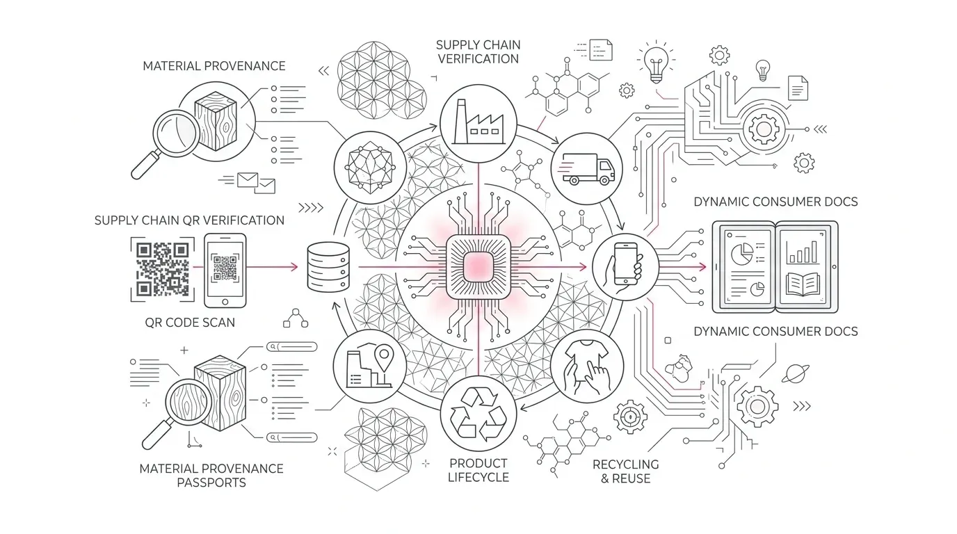 Digital Product Passport customer communications architecture showing ESPR compliance, QR code data carrier integration, lifecycle supply chain data, and consumer transparency with subtle #e71e4c accents on pure white background.