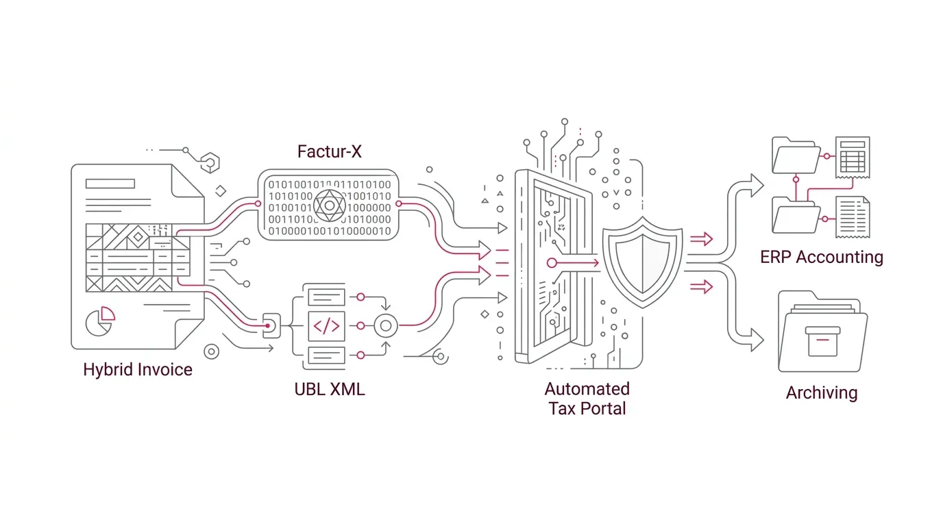 B2B e-invoicing customer communications architecture showing Factur-X dual format, UBL/CII structured syntax, PDP tax portal validation, and billing delivery with subtle #e71e4c accents on pure white background.