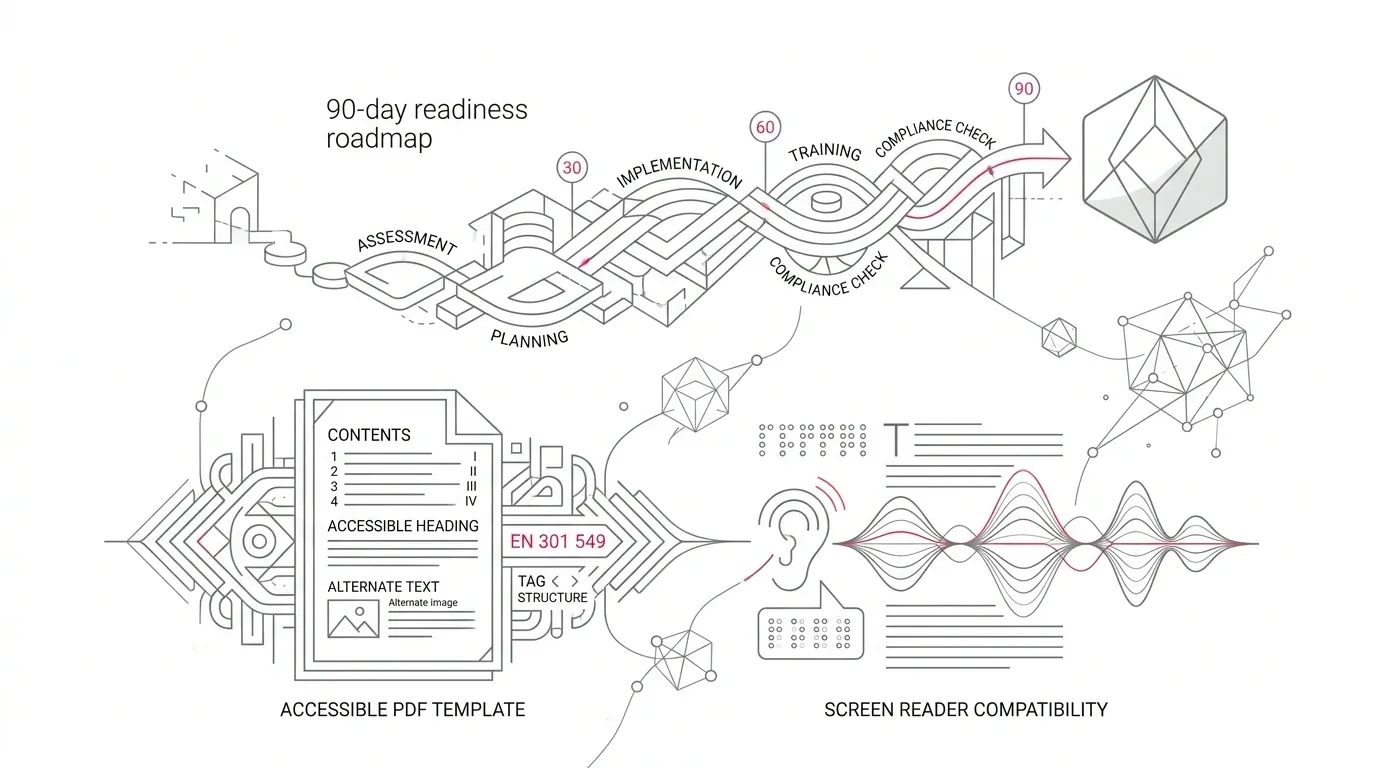 Minimalist vector line art showing a 90-day document accessibility readiness roadmap, accessible PDF templates, tag structure, and screen reader compatibility waveforms.