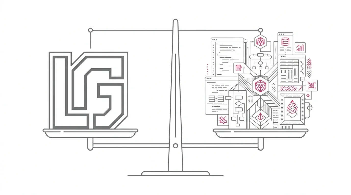 Minimalist vector line art of enterprise AI partner evaluation criteria, scorecard scale balancing big brand logos with verified engineering proof, and subtle red accents on pure white background.