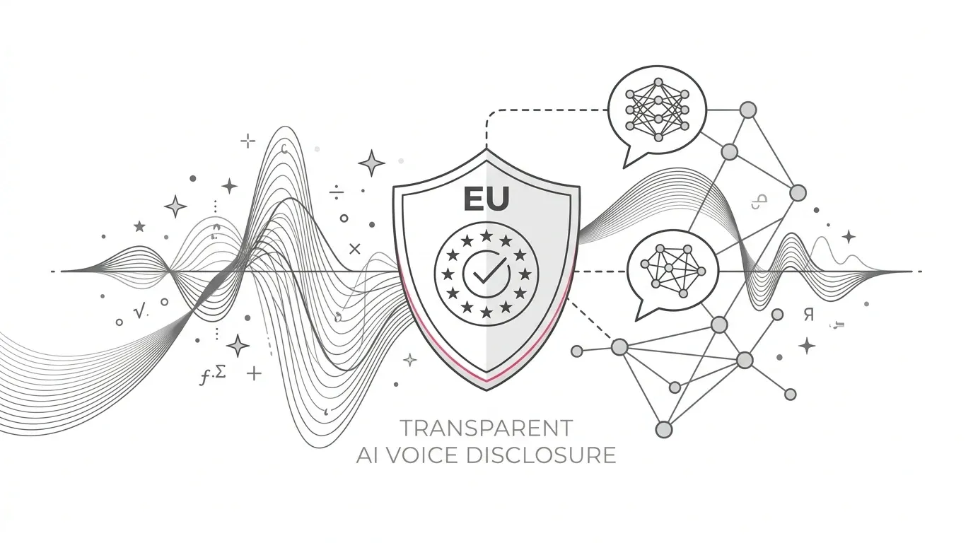 Minimalist vector line art of an EU regulatory compliance shield intersecting with sound waves and AI neural nodes with subtle red accents on pure white background.