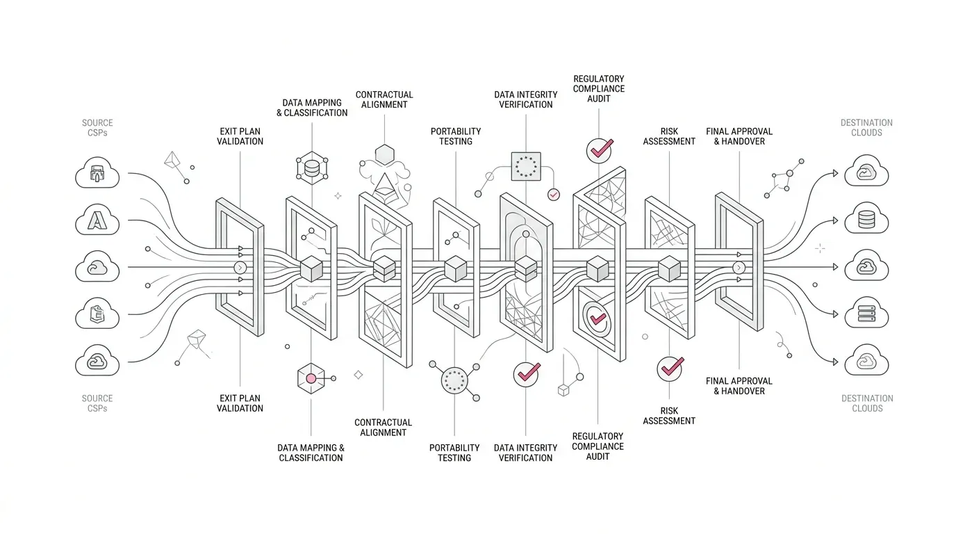 Enterprise EU Data Act cloud switching architecture and exit-readiness framework: multi-cloud data portability passing through eight technical and contractual validation gates.
