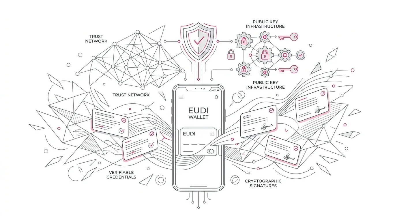 EU Digital Identity Wallet customer communications architecture showing verifiable credentials, digital signature verification, selective disclosure, and omnichannel delivery with subtle #e71e4c accents on pure white background.
