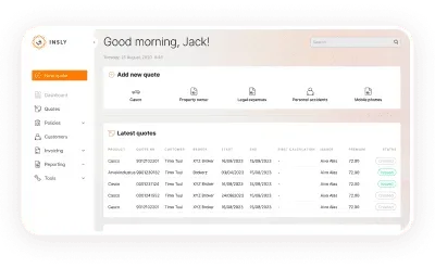 Screenshot of an insurance accounting dashboard showing a "Good morning, Jack!" greeting, quote shortcuts and a table of latest quotes.