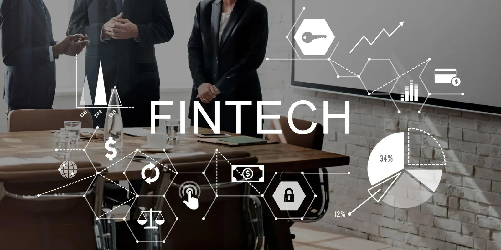 The word FINTECH overlaid on a boardroom scene with line-art icons for payments, analytics, security and currency.