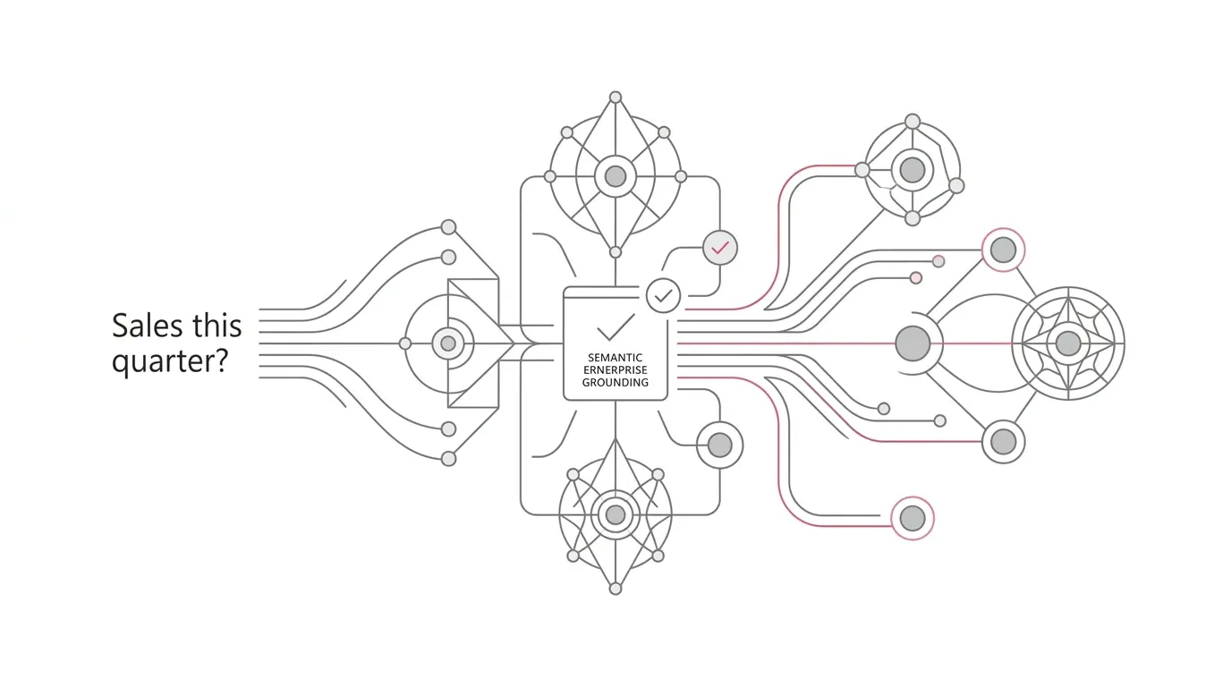 Microsoft Fabric IQ governance for Microsoft 365 Copilot showing semantic model verification, ground-truth answer routing, prompt evaluation, and access control with subtle #e71e4c accents on pure white background.