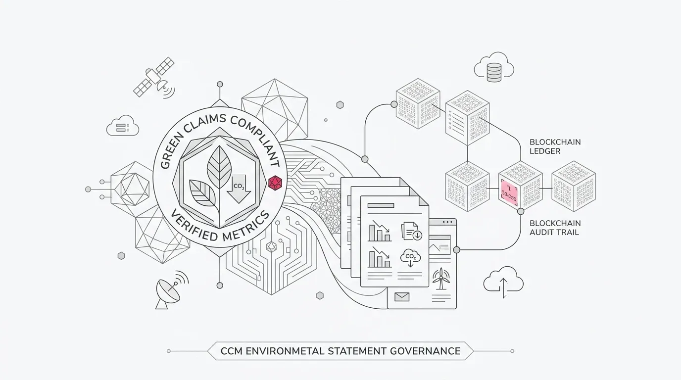 Green claims compliance architecture in CCM showing verified environmental claim libraries, substantiation dossiers, omnichannel template synchronization, and audit logging with subtle #e71e4c accents on pure white background.