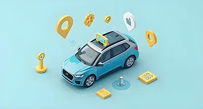 Isometric illustration of a teal taxi surrounded by floating map pins, payment and ride-hailing icons.