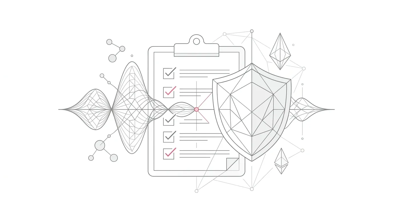 Minimalist vector line art of an AI voice interview waveform with a candidate evaluation scorecard, rubric checklist, and fairness audit shield on pure white background with subtle red accents.