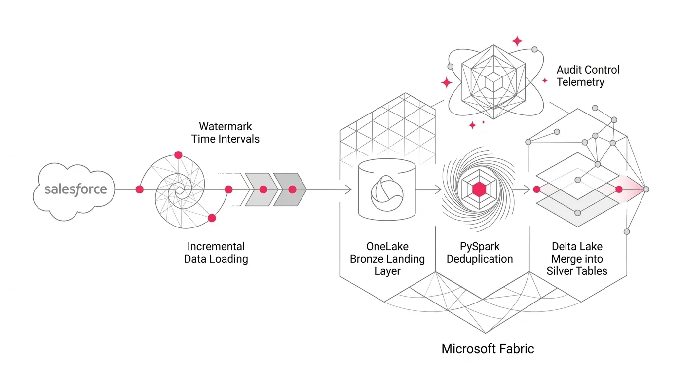 Minimalist vector line art showing incremental Salesforce data loading into Microsoft Fabric with watermarks, OneLake Bronze landing, PySpark deduplication, and Delta Lake merge.