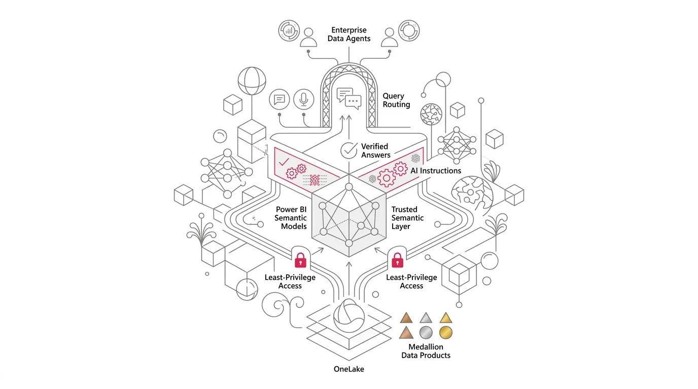Microsoft Fabric AI governance and trusted semantic layer architecture for enterprise data agents with verified answers, AI instructions, and least-privilege access.
