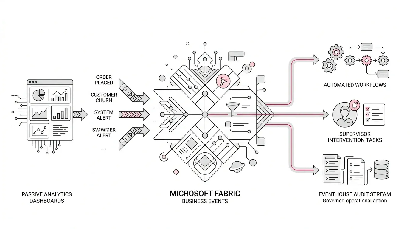 Microsoft Fabric Business Events architecture showing real-time event hub, Eventhouse audit streams, and Activator routing into automated workflows and supervisor intervention tasks with subtle #e71e4c accents on pure white background.