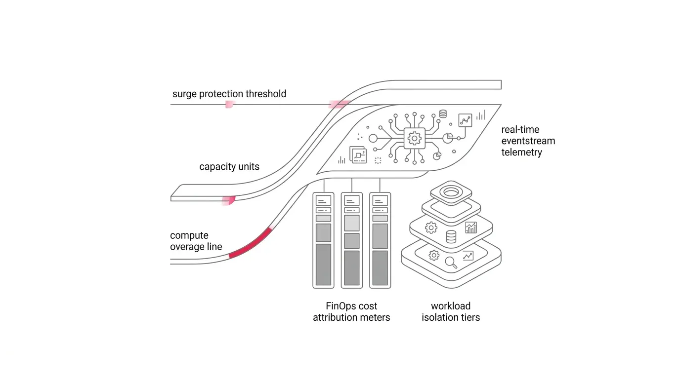 Microsoft Fabric capacity units and compute overage cost governance showing surge protection thresholds, real-time telemetry, and workload isolation tiers.