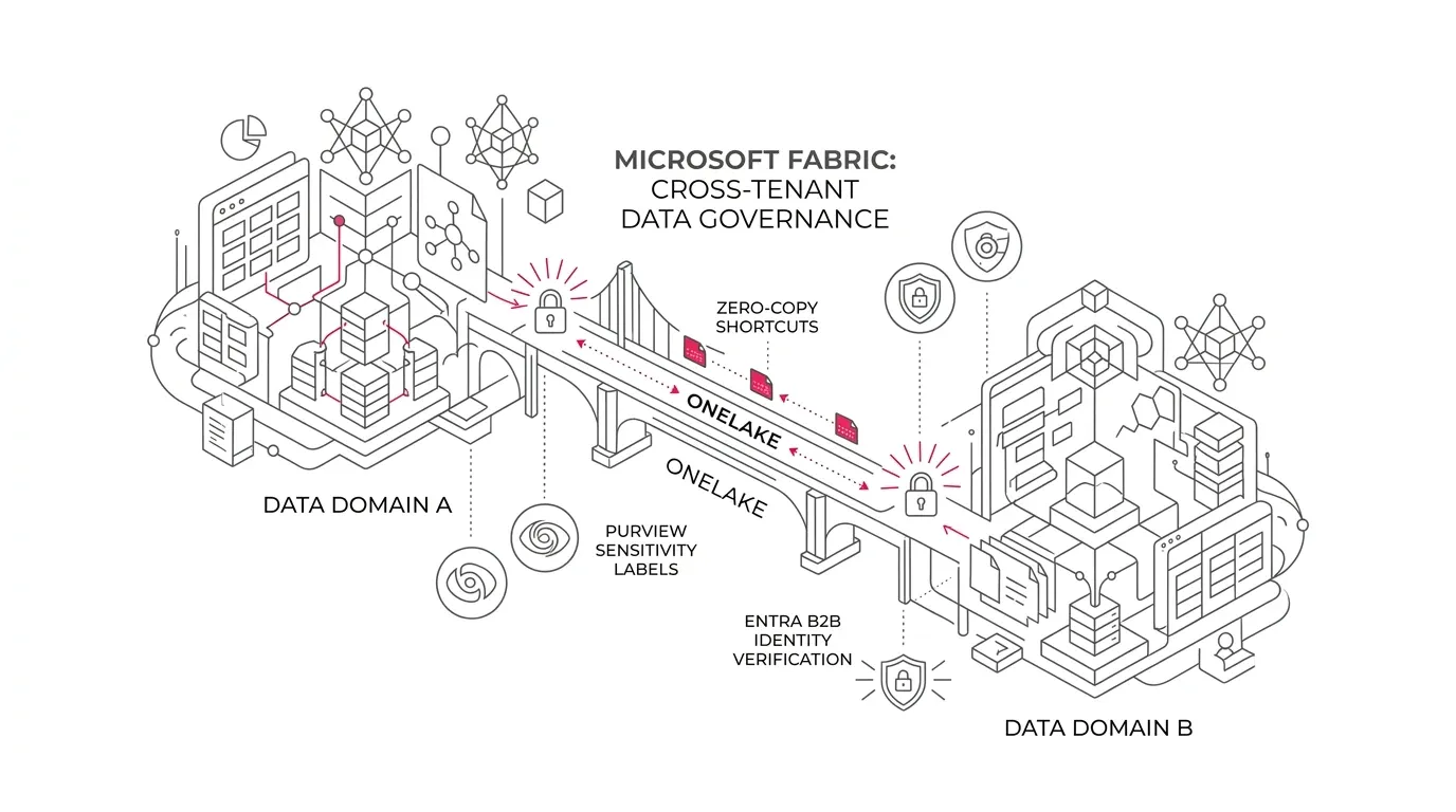 Microsoft Fabric cross-tenant data sharing governance architecture showing OneLake external data sharing, Microsoft Entra B2B authentication, sensitivity label inheritance, and consumer tenant access controls with subtle #e71e4c accents on pure white background.