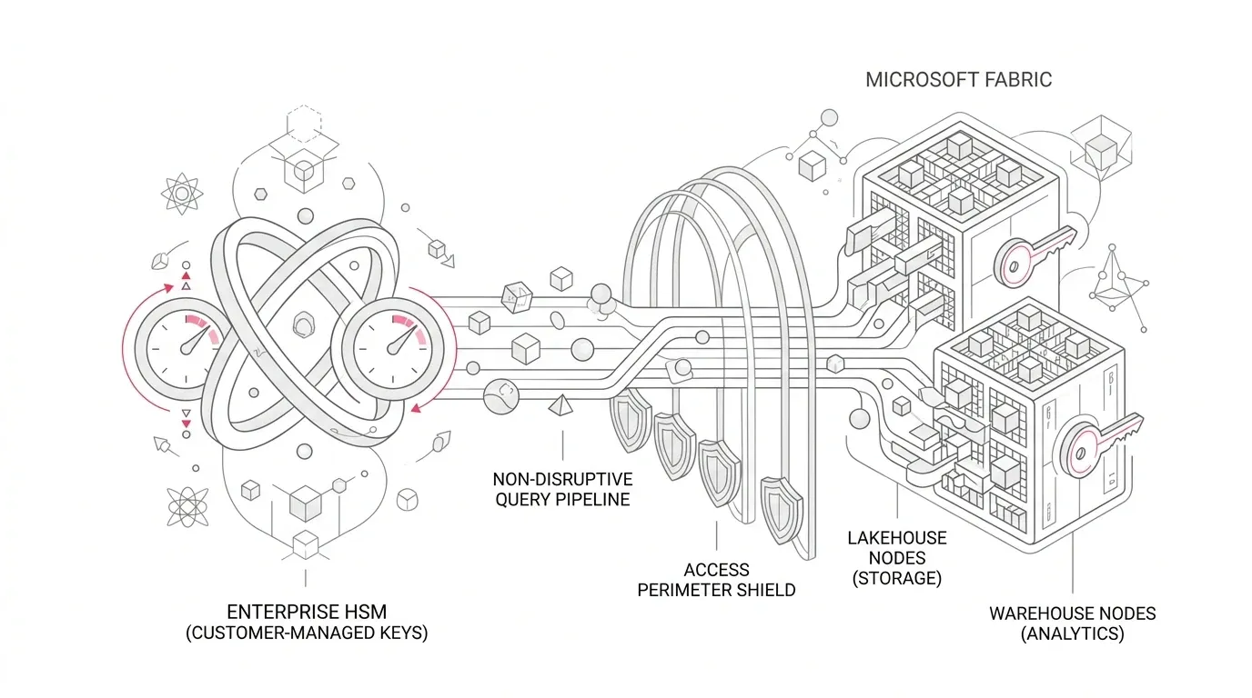 Enterprise hardware security module (HSM) customer-managed encryption keys seamlessly rotating into Microsoft Fabric analytics lakehouse and warehouse nodes, showing key rotation dials, access perimeter shields, and non-disruptive query pipeline streams with subtle #e71e4c pink accents on pure white background.