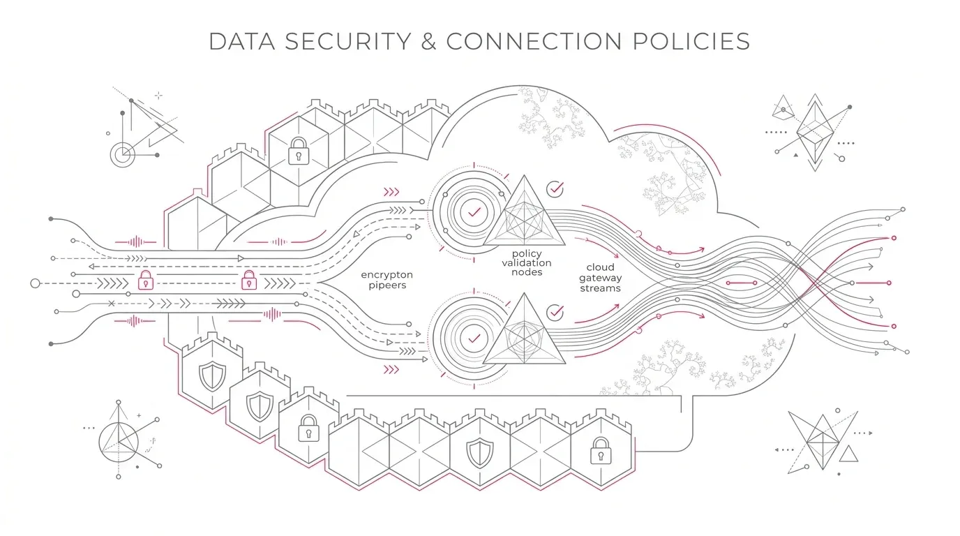 Microsoft Fabric data connection policy rollout architecture showing outbound network rules, managed private endpoints, data exfiltration safeguards, and Lakehouse governance with subtle #e71e4c accents on pure white background.