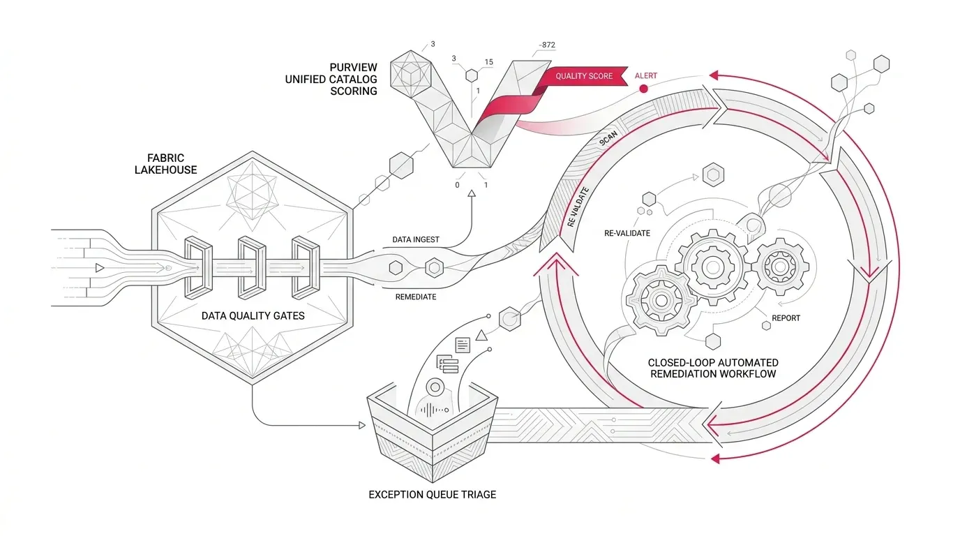 Architectural diagram showing Microsoft Fabric data quality gates, Microsoft Purview unified catalog scoring, exception queue triage, and closed-loop remediation workflow.