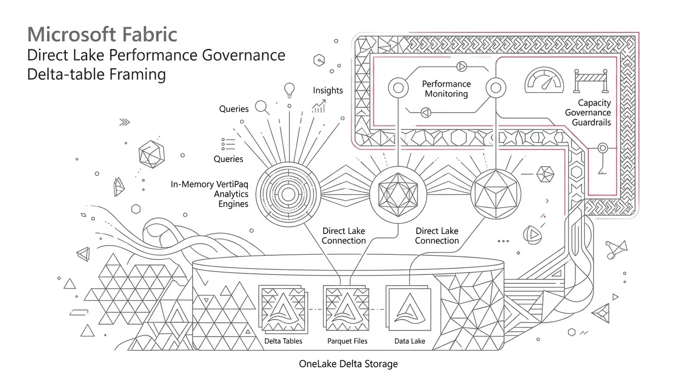Microsoft Fabric Direct Lake performance governance: managing fallback, Delta framing, row-group health, security authority, and capacity optimization.