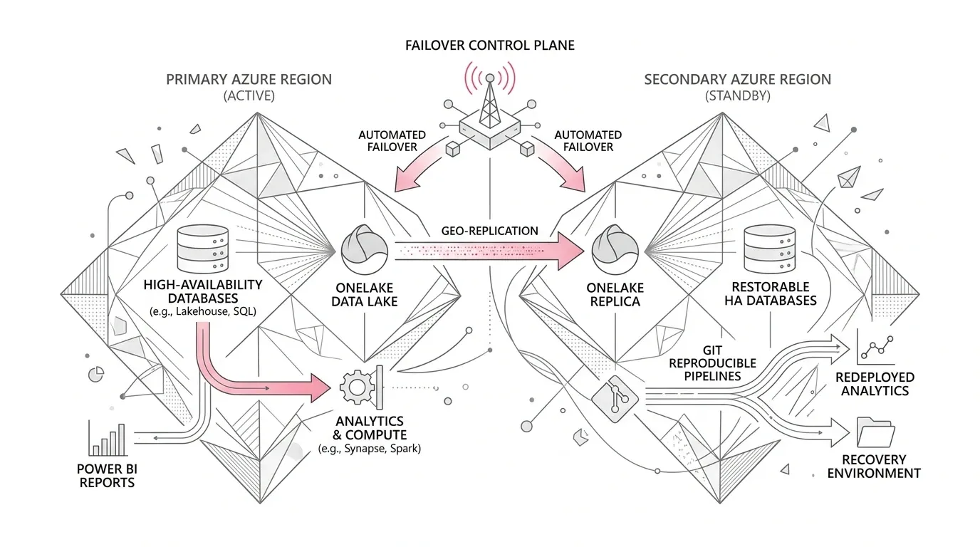 Minimalist vector line art showing Microsoft Fabric disaster recovery architecture with OneLake geo-replication, regional failover control plane, and reproducible Git pipelines.