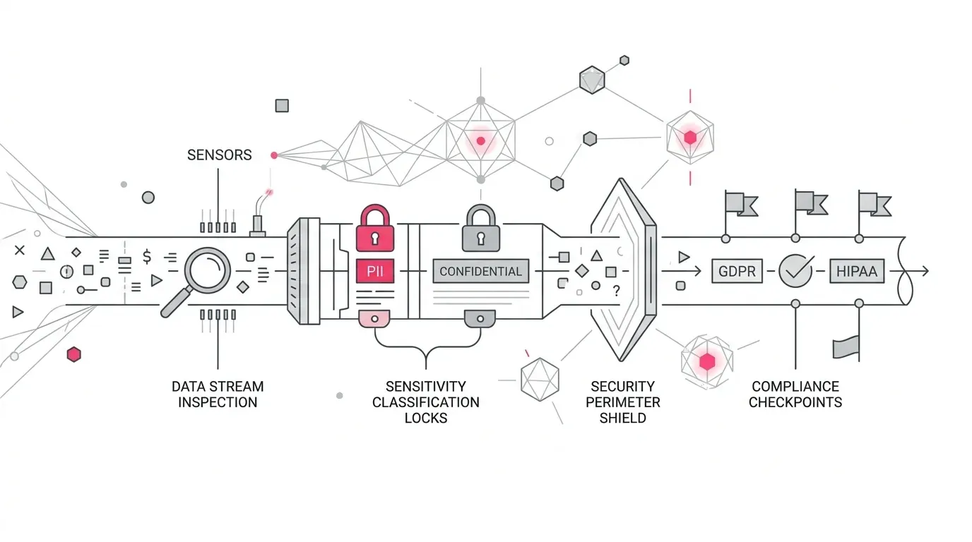Microsoft Fabric DLP Restrict Access governance architecture showing Microsoft Purview policies, automated sensitivity detection, guest-user containment, and audit logging with subtle #e71e4c accents on pure white background.