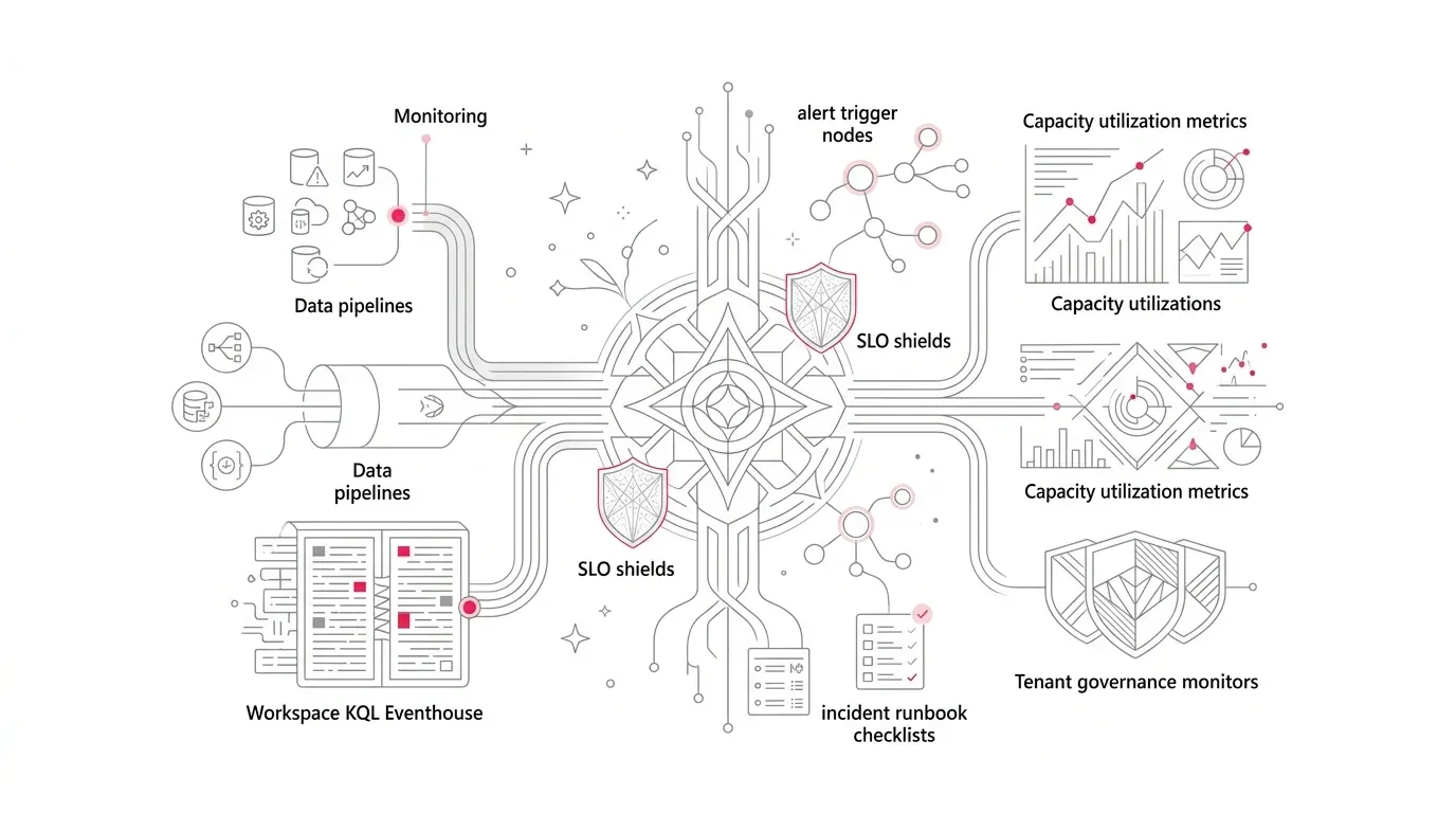 Microsoft Fabric enterprise observability architecture: unifying pipelines, workspace KQL Eventhouses, capacity metrics, and SLO alert triggers into a single correlation layer.